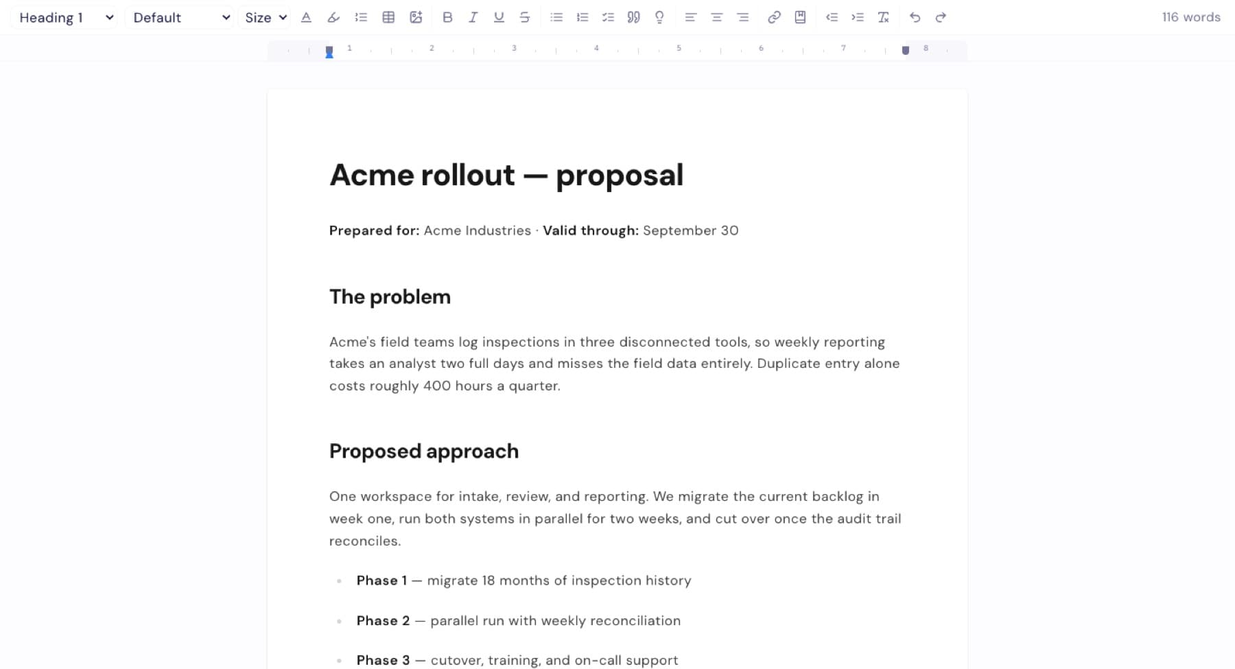 The document editor: a client proposal with headings, phases, and pricing, in a Google-Docs-style page